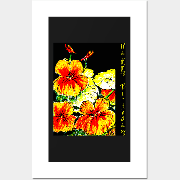 Nasturtiums on Black Happy Birthday Wall Art by Heatherian